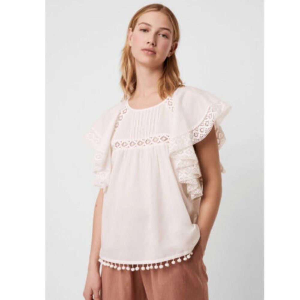 French Connection Sz XXS 2 Cadenza Frill Pom Pom Top Shirt Blouse Summer White